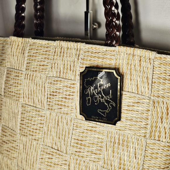 NWT Vintage Warren Reed Cream Fabric/Gold Straw Basketweave Design Shoulder Bag - Picture 2 of 10